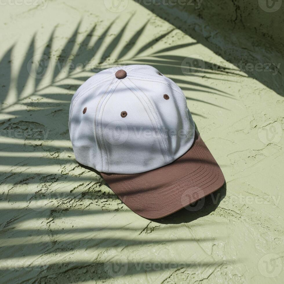 Light baseball cap on textured surface, shadow of palm tree adds tropical vibe For Social Media Post Size photo