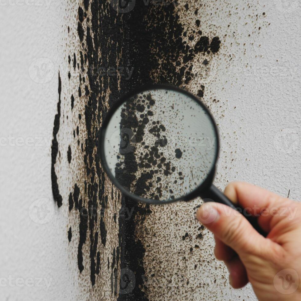 Hand with magnifying glass highlights mold on white wall, contrasting textures emphasize growth For Social Media Post Size photo