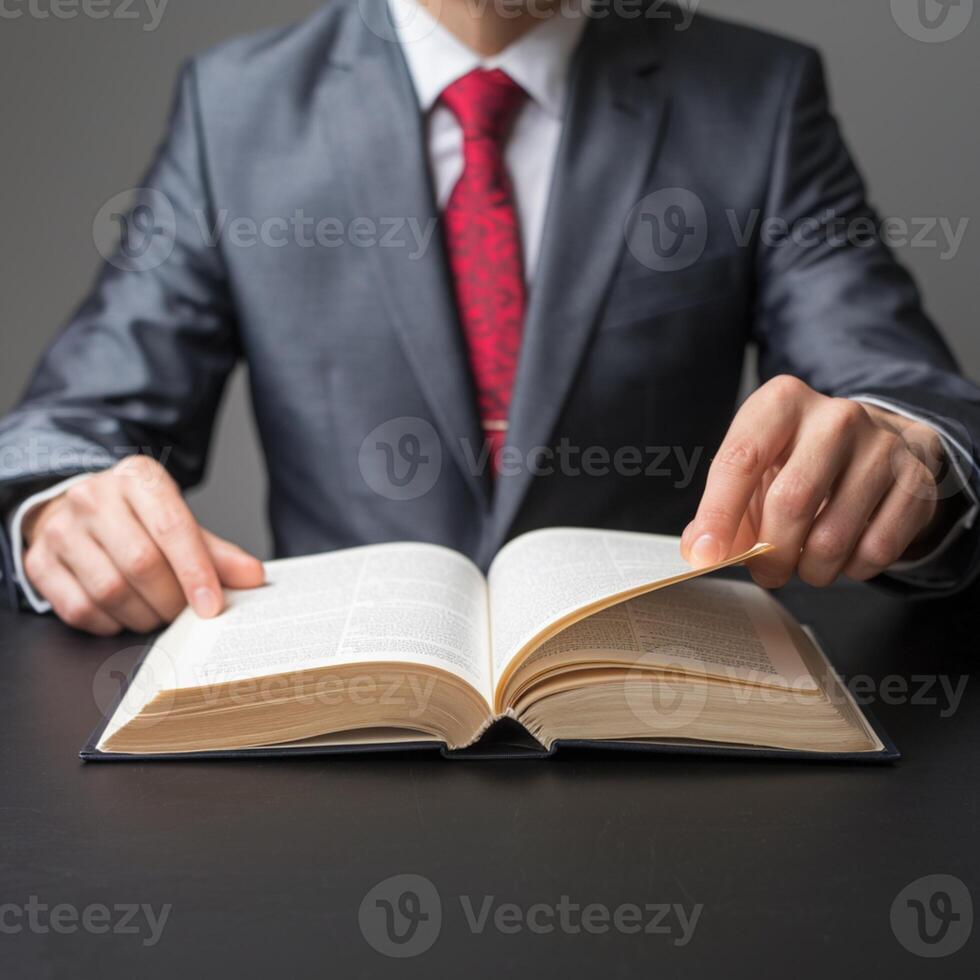 Man in gray suit turns page of open book, deep in thought For Social Media Post Size photo