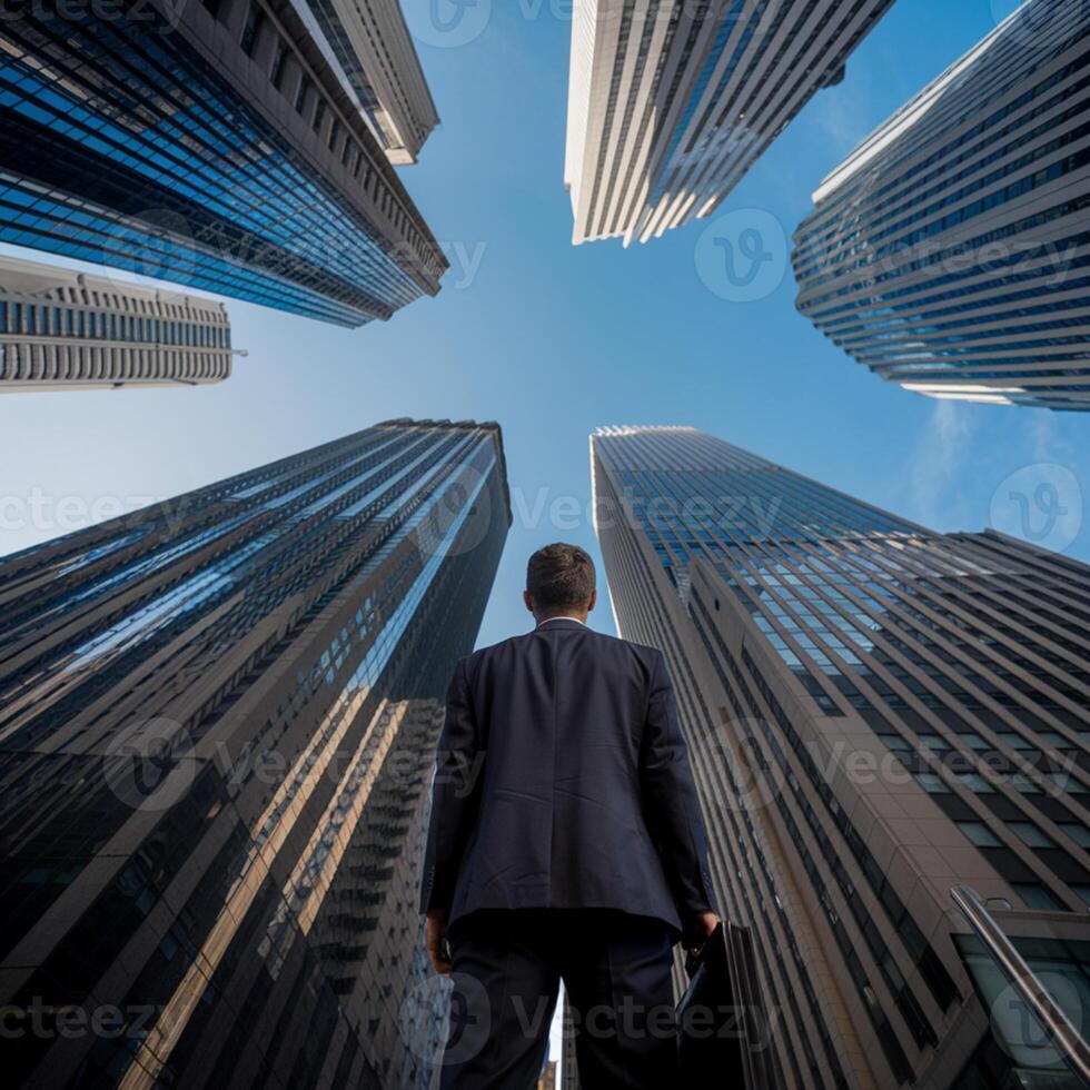 Man in suit holding briefcase, towering skyscrapers reflecting blue sky For Social Media Post Size photo