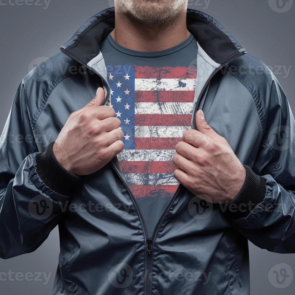Jacket unzipped to reveal American flag print, muted background For Social Media Post Size photo