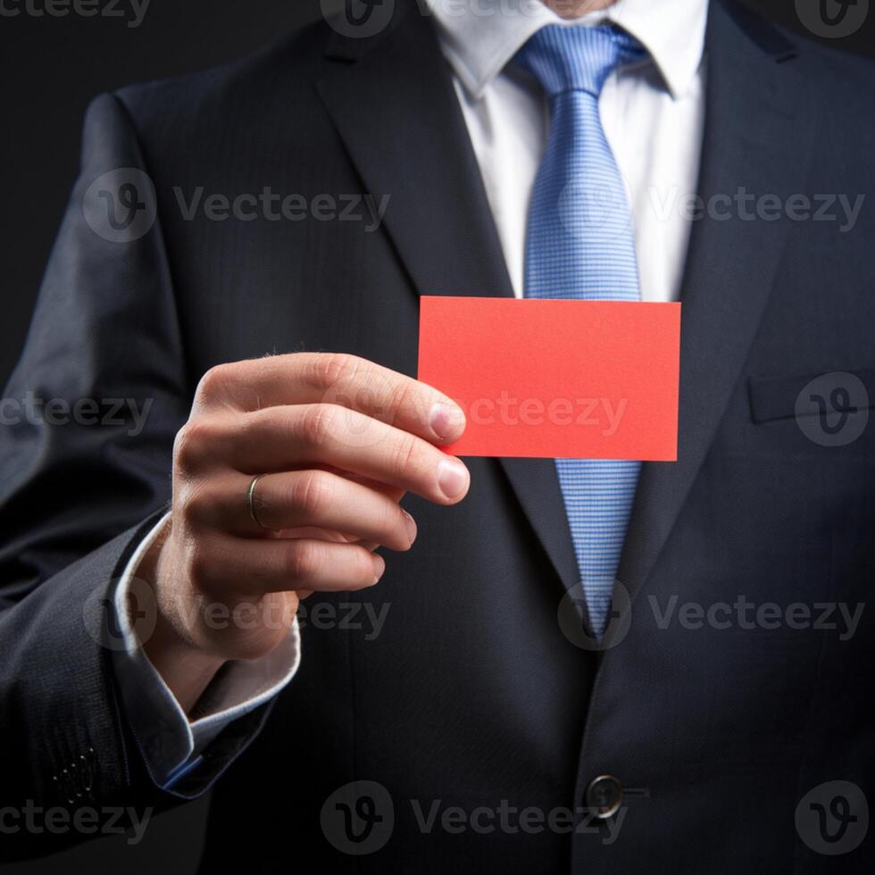 Formal suit, red card pops against dark background For Social Media Post Size photo