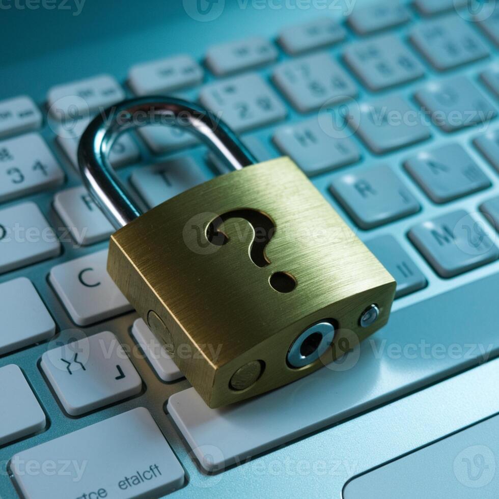 Shiny padlock contrasts with white keyboard under blue light For Social Media Post Size photo