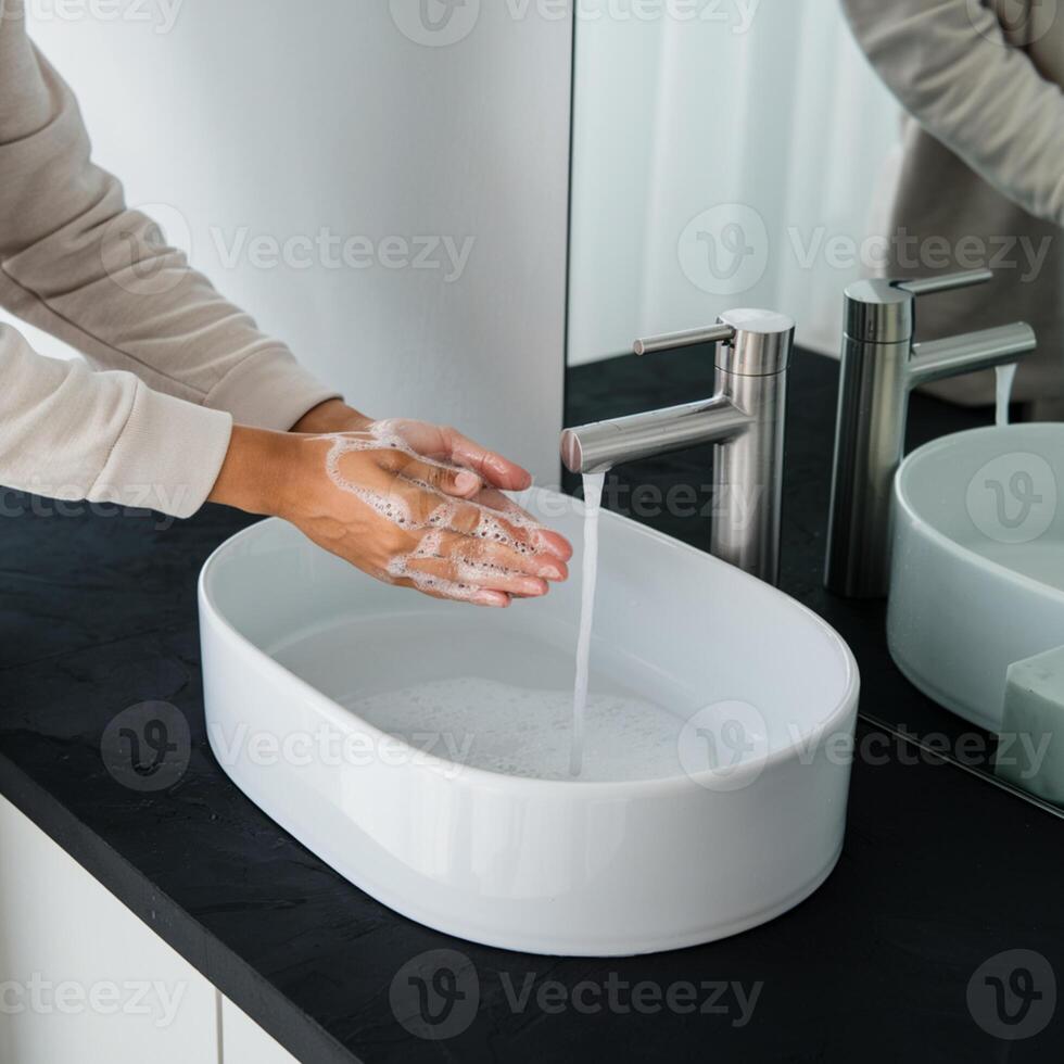 Hands washed under faucet, soapy water in a sleek, minimalistic bathroom For Social Media Post Size photo
