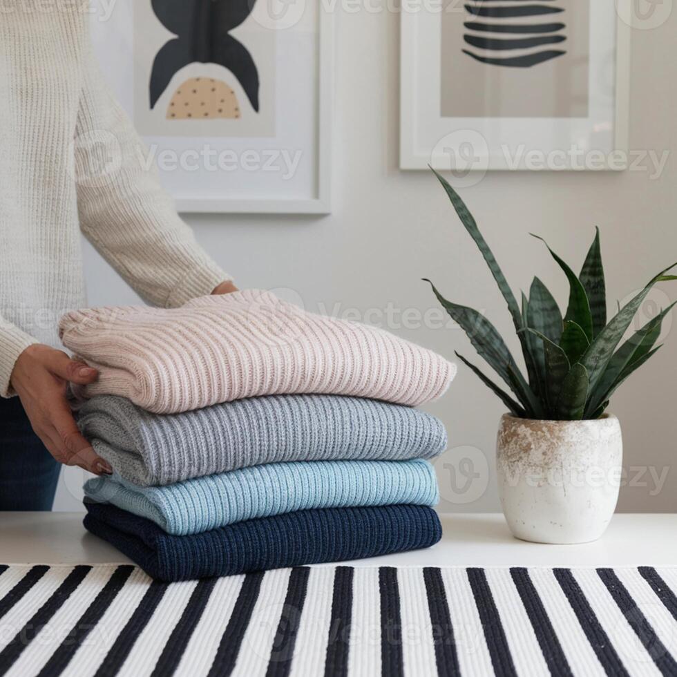 Folded sweaters beside table, framed artwork, plant completes scene For Social Media Post Size photo