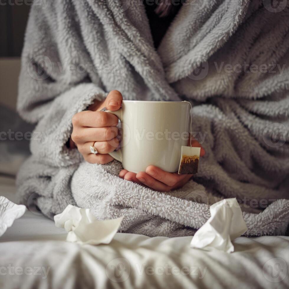 Person in gray robe holds tea mug, scattered tissues suggest illness For Social Media Post Size photo
