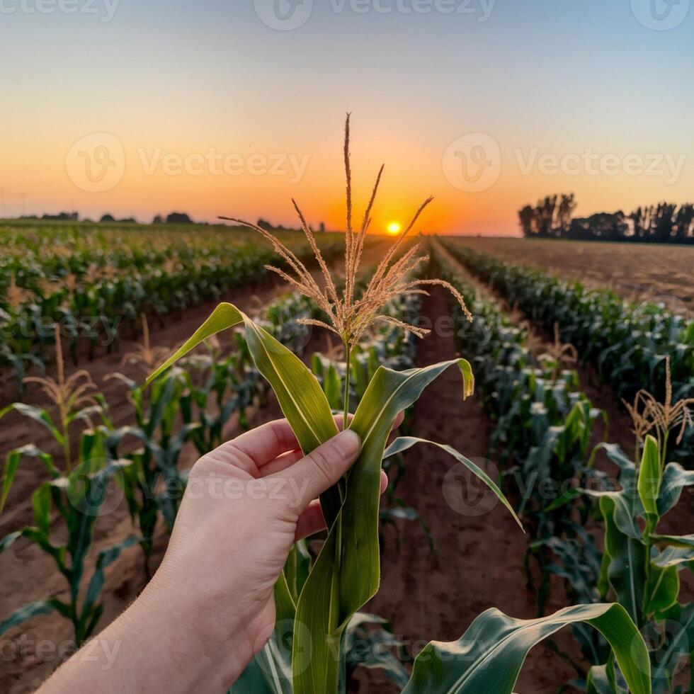 Hand holds corn leaf at sunset, rows of plants in golden light For Social Media Post Size photo