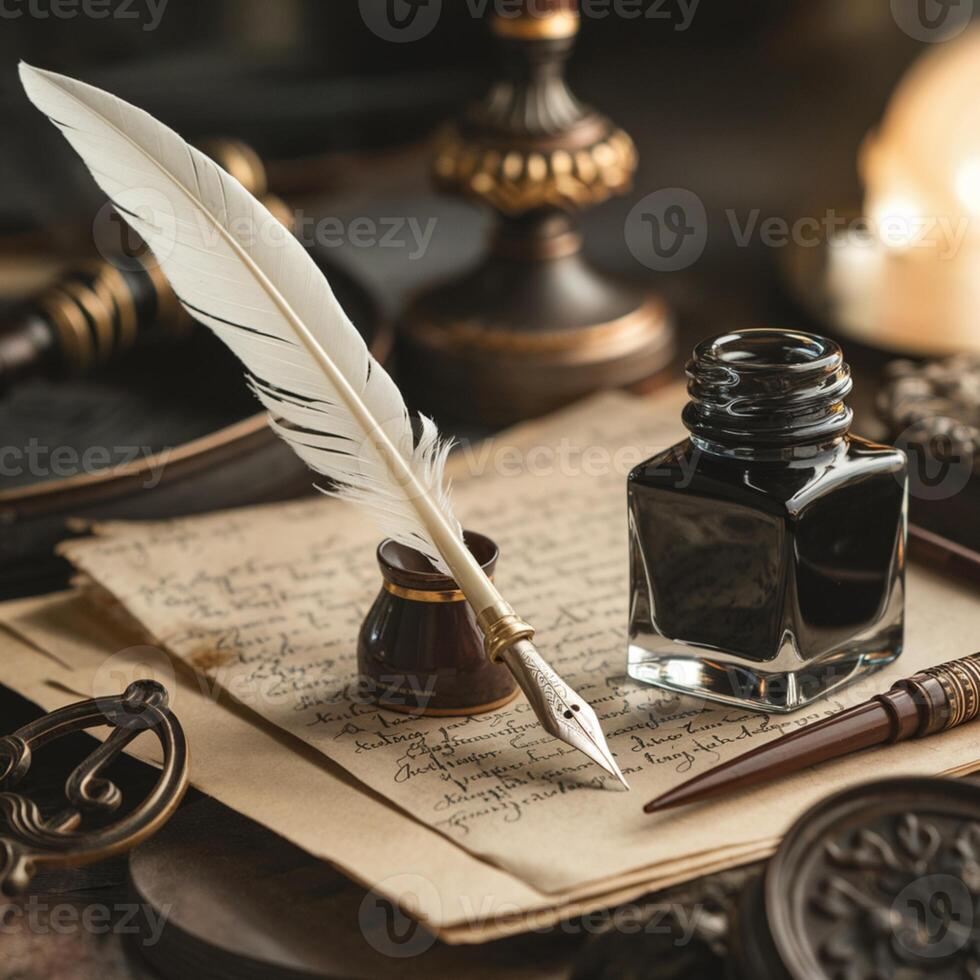 Quill pen on worn parchment with glass ink bottle, warm light highlighting details For Social Media Post Size photo