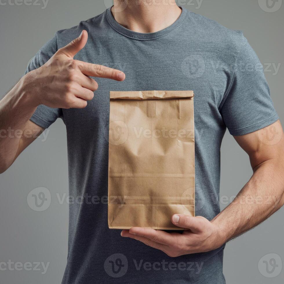 Man in gray shirt pointing at brown paper bag, neutral background focus For Social Media Post Size photo