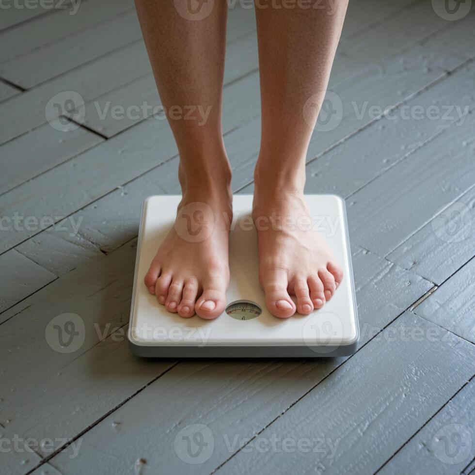 Bare feet on weighing scale, gray floor, partial view of legs For Social Media Post Size photo