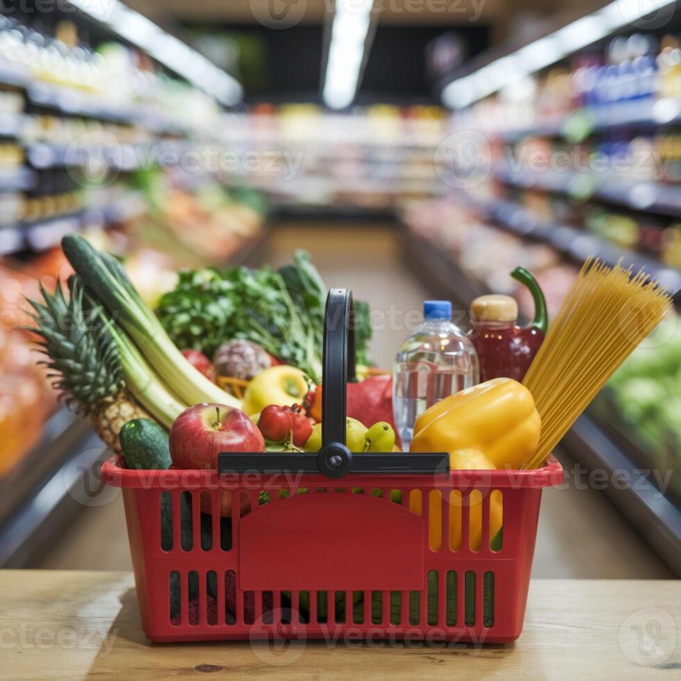 Red shopping basket with produce on wooden surface, grocery store aisle behind For Social Media Post Size photo
