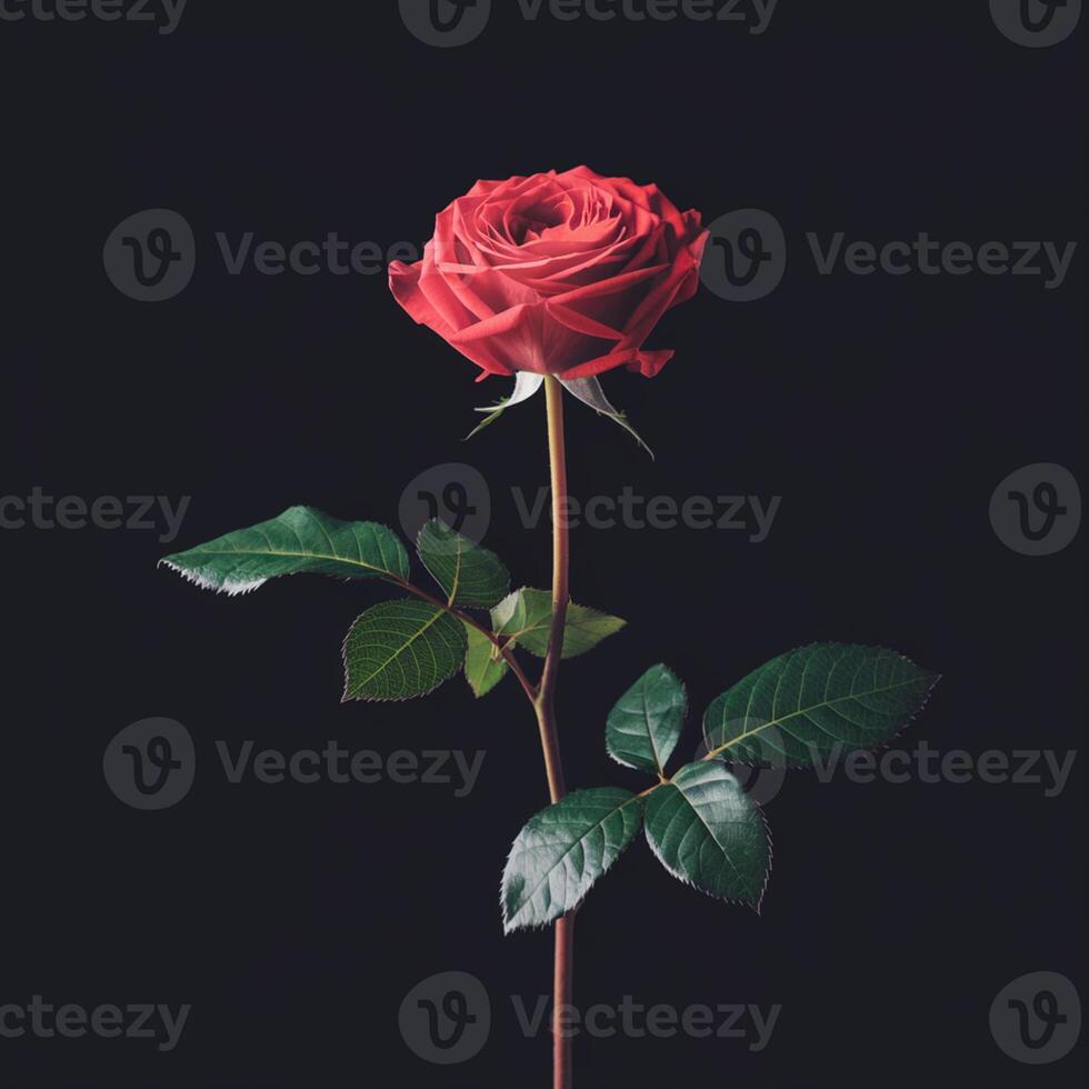 Red rose on black background, highlighting its vibrant bloom and leaves For Social Media Post Size photo
