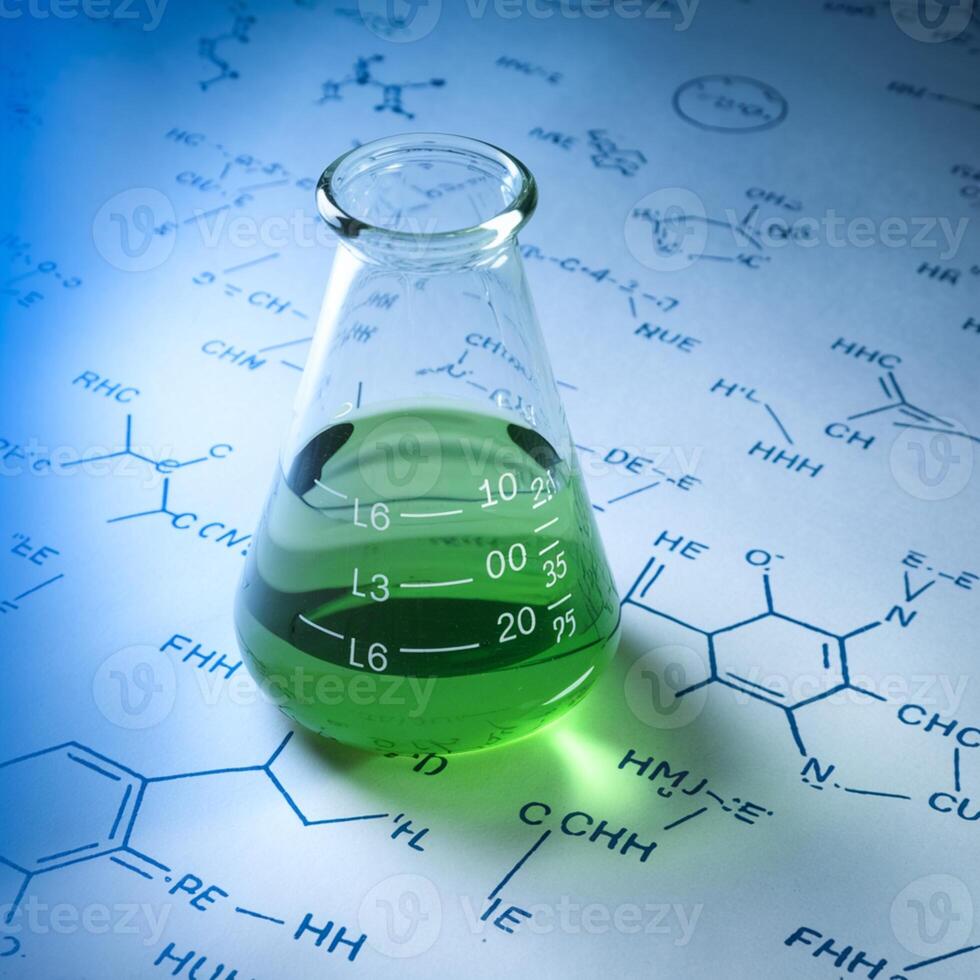 Flask with green liquid on paper, blue chemical formulas in background For Social Media Post Size photo