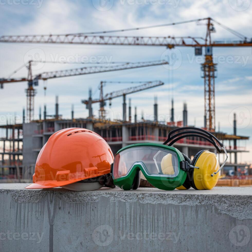 Construction site with cranes, hard hat, goggles, earmuffs emphasize safety For Social Media Post Size photo