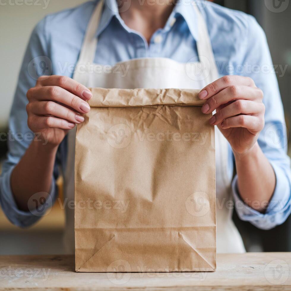 Woman holding brown paper bag, blue shirt, and white apron, blurred background For Social Media Post Size photo