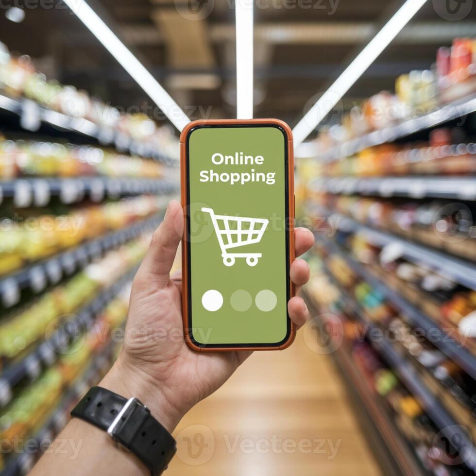 Online shopping interface on smartphone, blurred supermarket background For Social Media Post Size photo