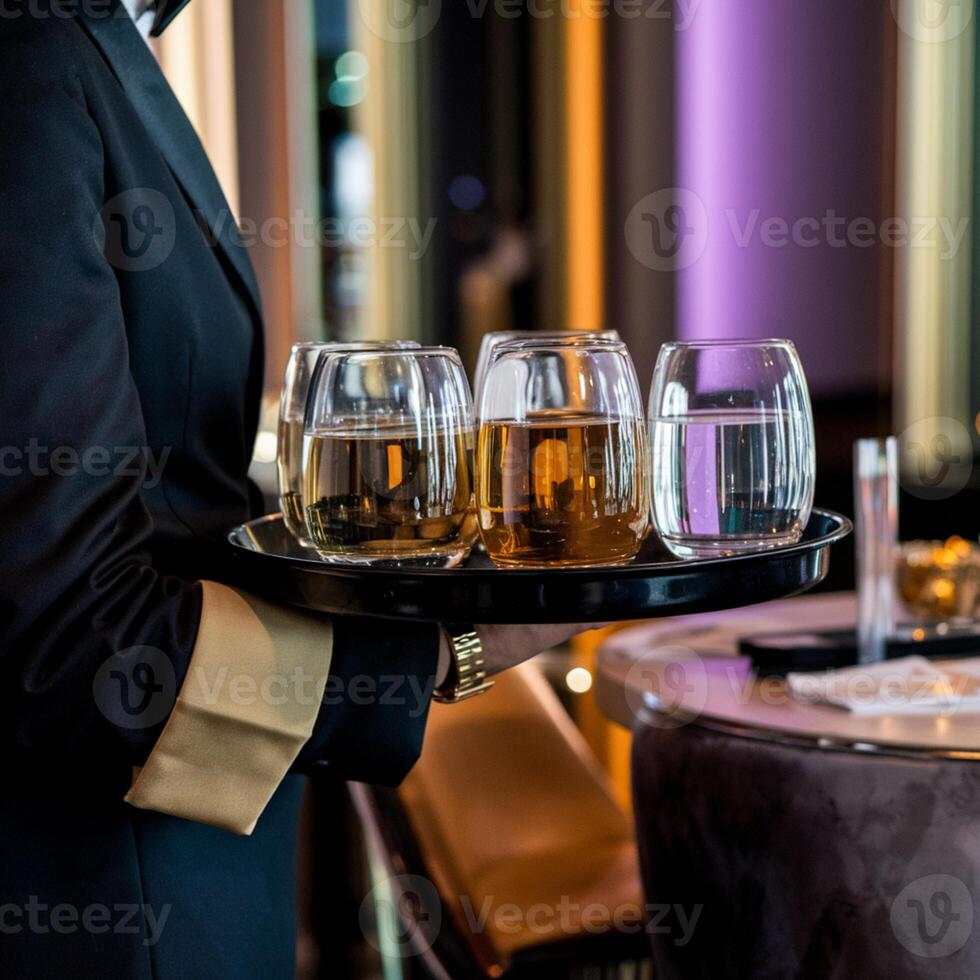 Waiter holds tray with drinks in a luxurious venue with dim lighting For Social Media Post Size photo