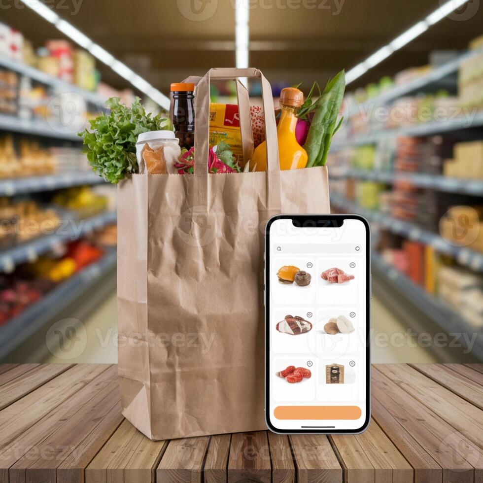 Paper bag with groceries beside smartphone displaying Online Grocery app For Social Media Post Size photo