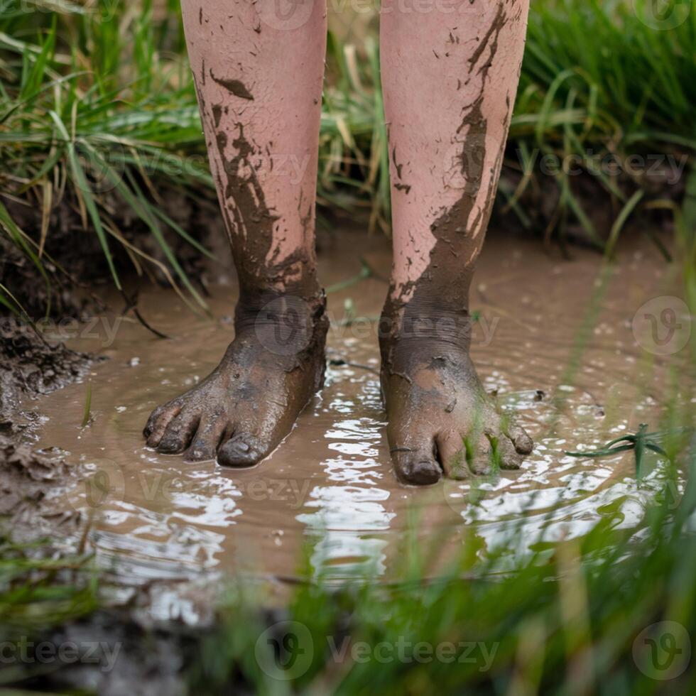 Muddy feet in puddle with wet grass, capturing earthy outdoor exploration For Social Media Post Size photo