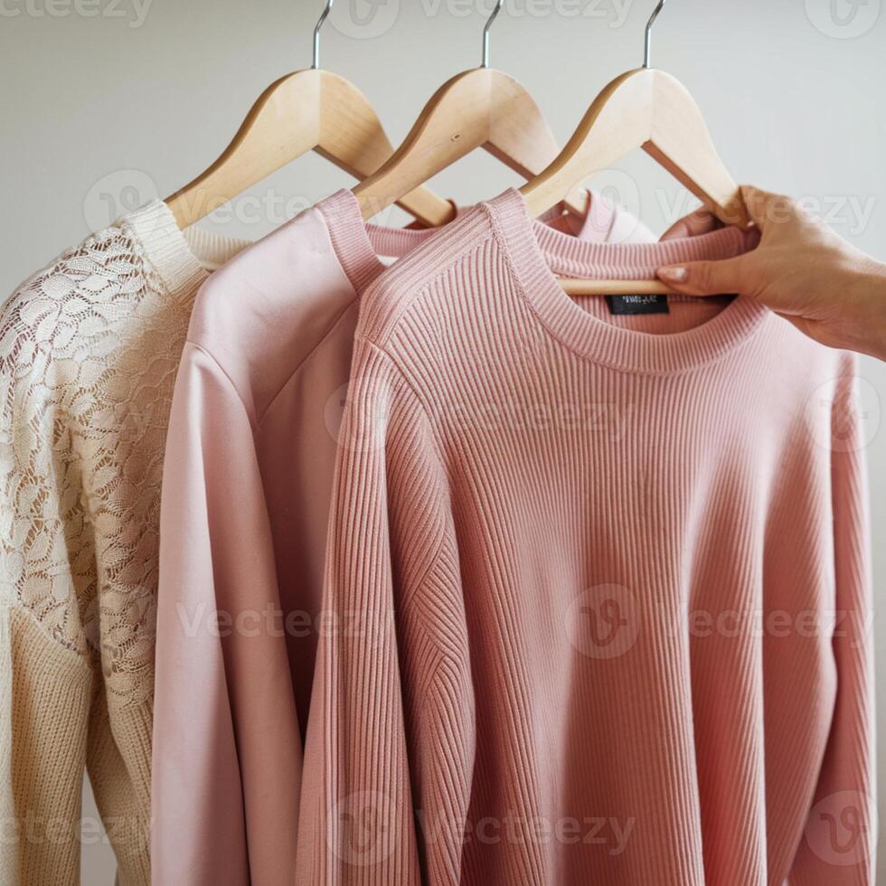 Three sweaters on hangers, hand holding peach one, suggesting selection For Social Media Post Size photo