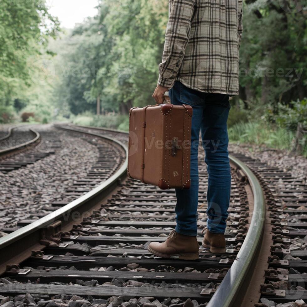 Figure on railway tracks with vintage suitcase, surrounded by lush trees, calm atmosphere For Social Media Post Size photo