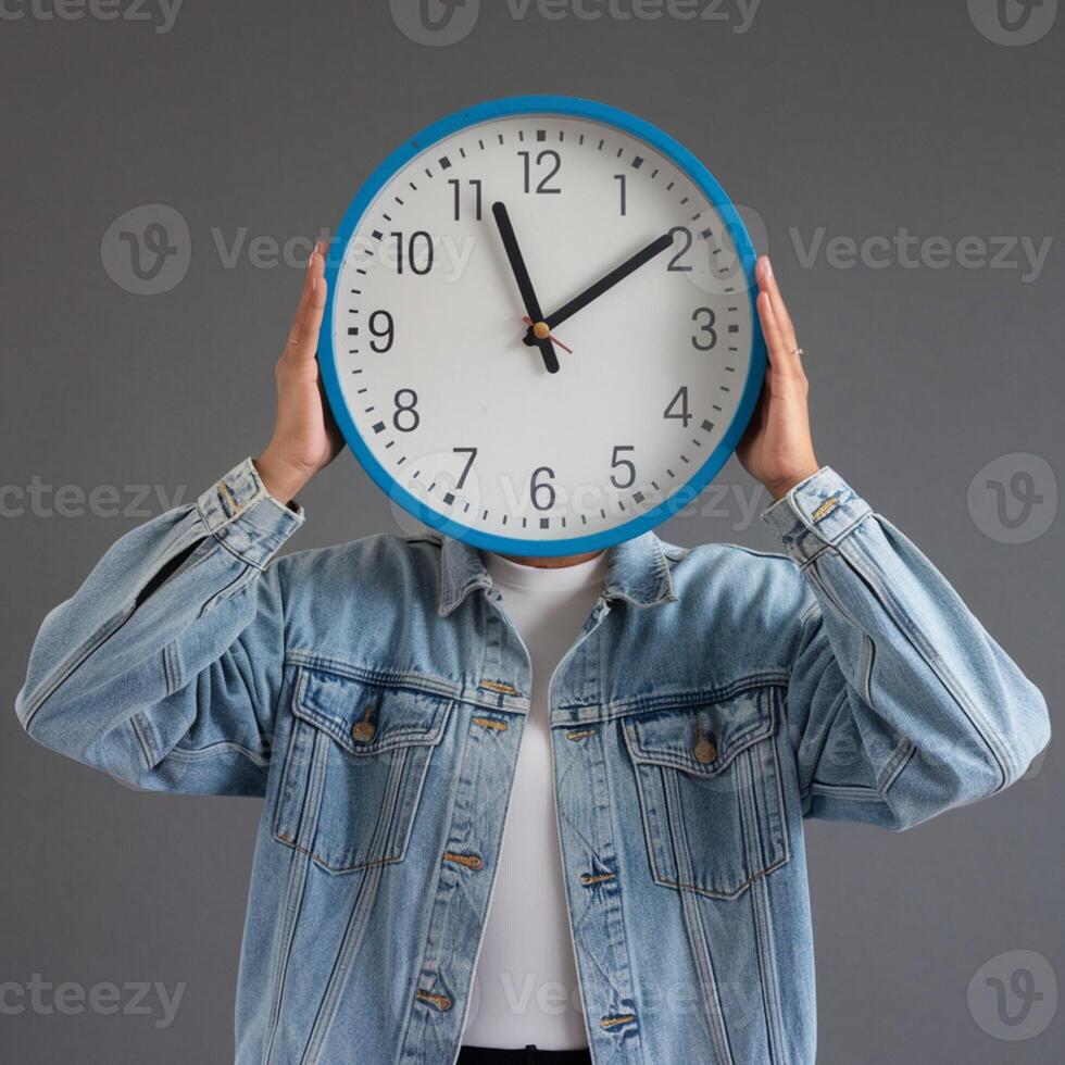 Person in denim jacket holds large clock obscuring face, adding visual intrigue For Social Media Post Size photo