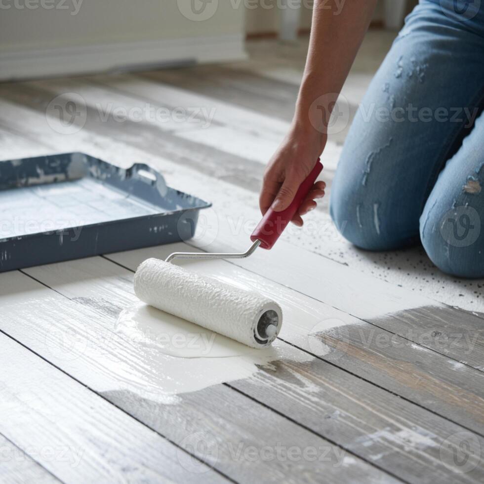 Person kneels holding red roller dipped in white paint on wooden floor, decorating project For Social Media Post Size photo