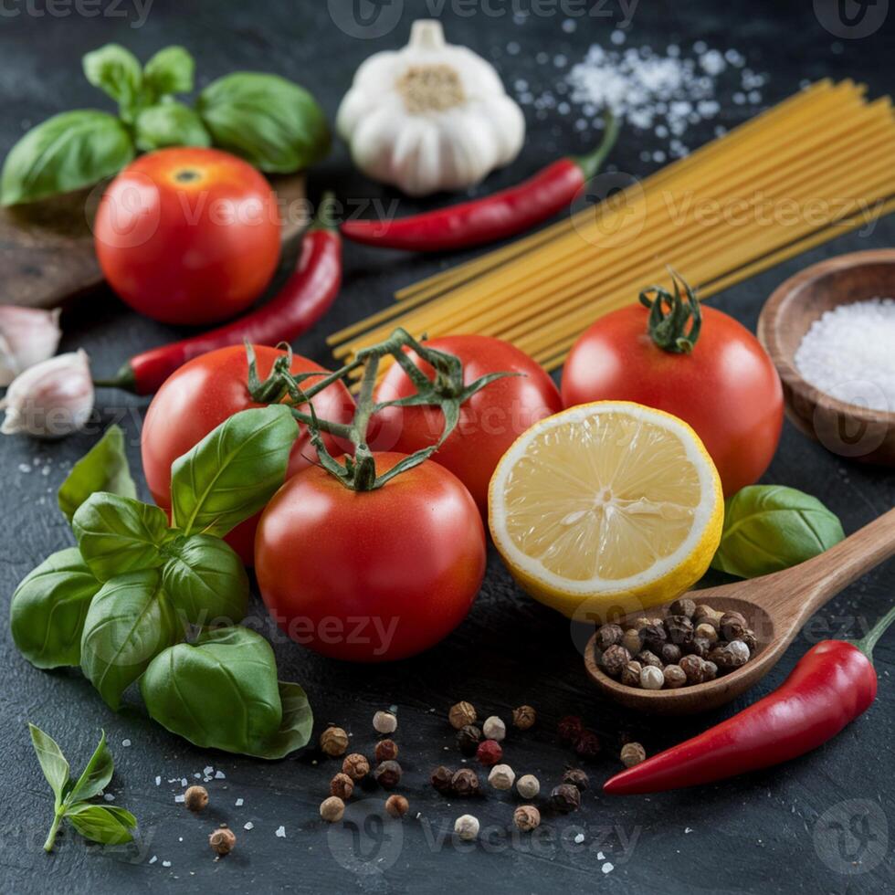 Fresh ingredients tomatoes, basil, lemon, chili peppers, garlic, and spaghetti For Social Media Post Size photo