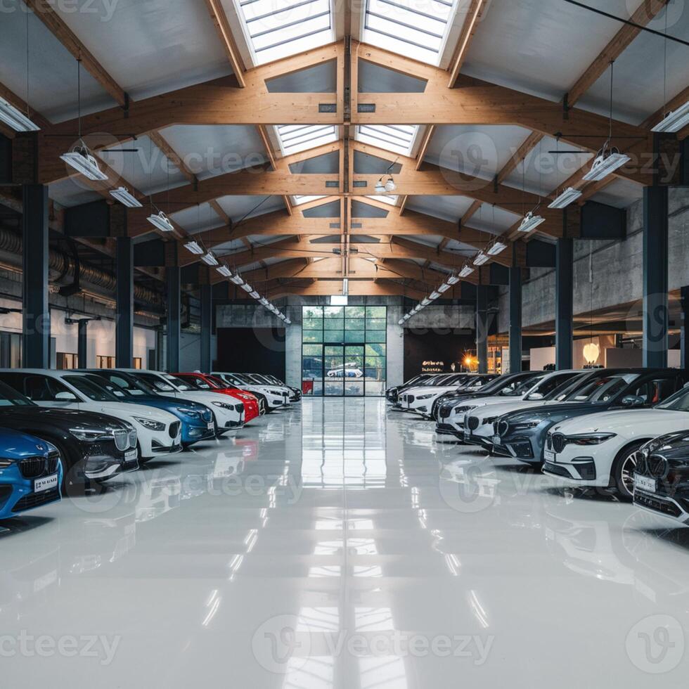 Polished car showroom displays neatly aligned cars under modern overhead lighting For Social Media Post Size photo