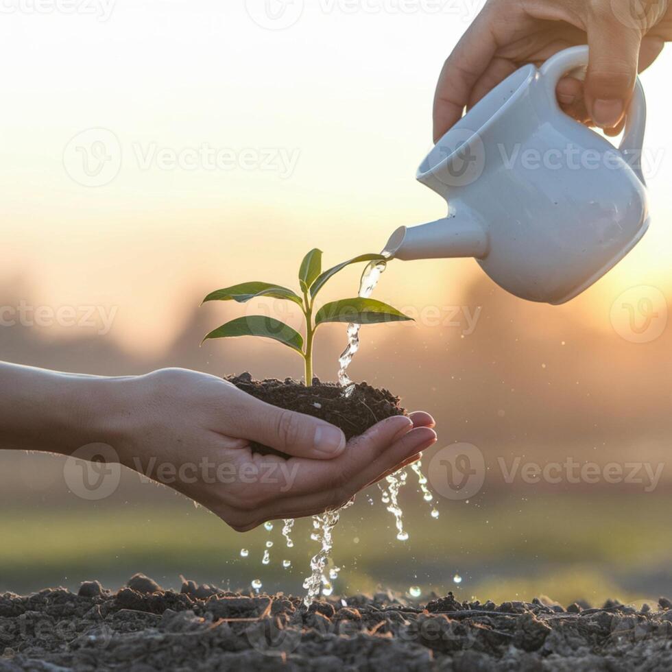 Hand waters small plant at sunrise, symbolizing growth and new beginnings For Social Media Post Size photo