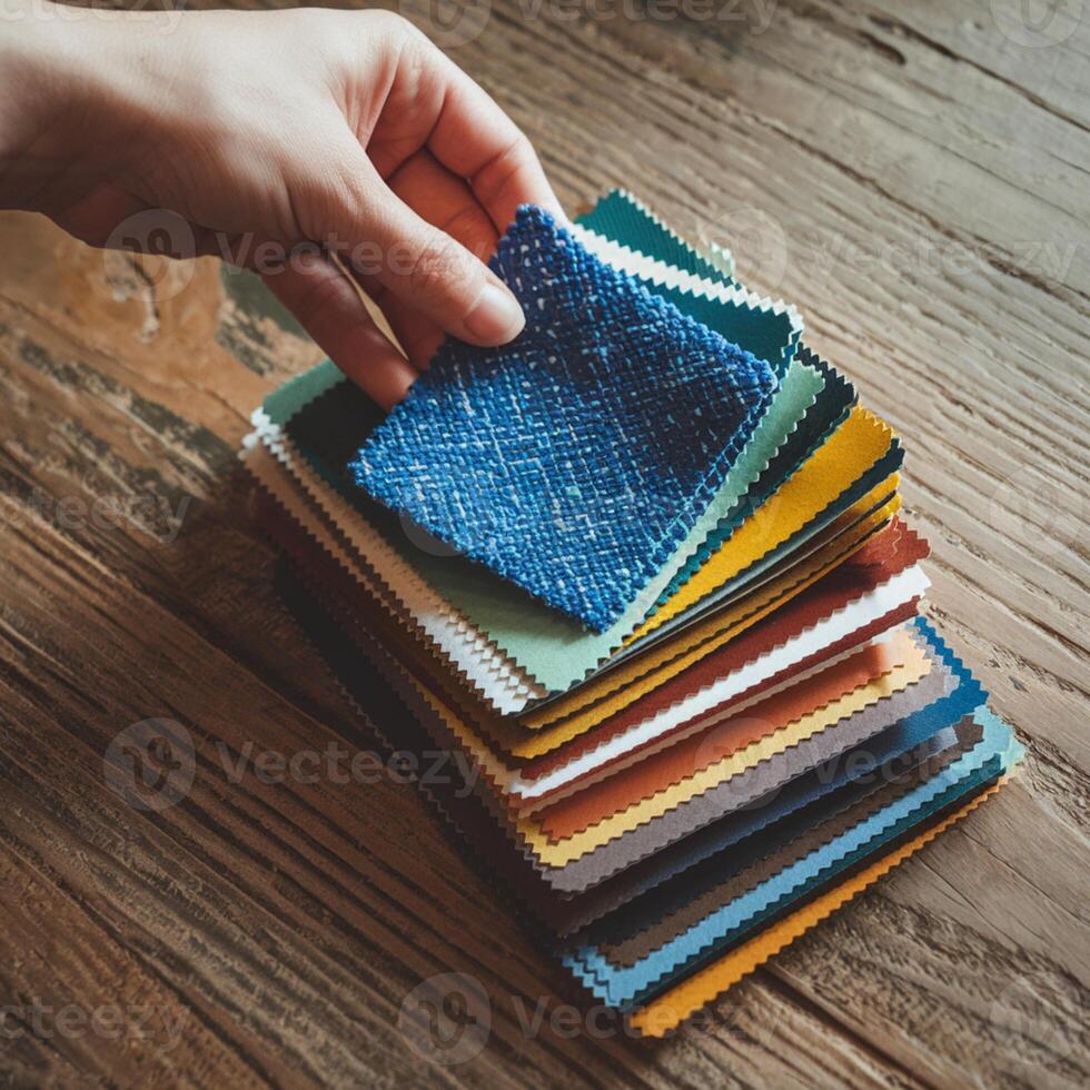 Hand holds blue fabric swatch among colorful ones on wooden surface, indicating selection For Social Media Post Size photo