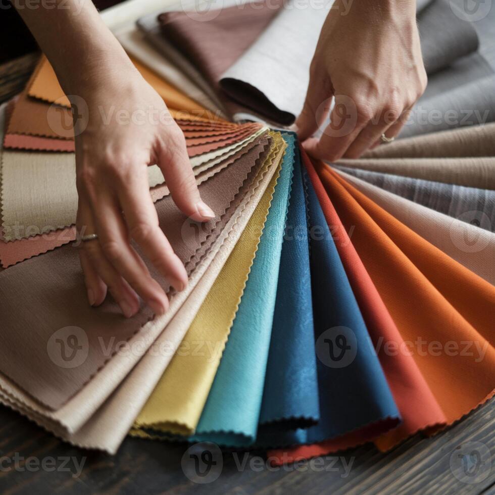 Hands compare colorful fabric swatches on wooden surface, showcasing textures and hues For Social Media Post Size photo