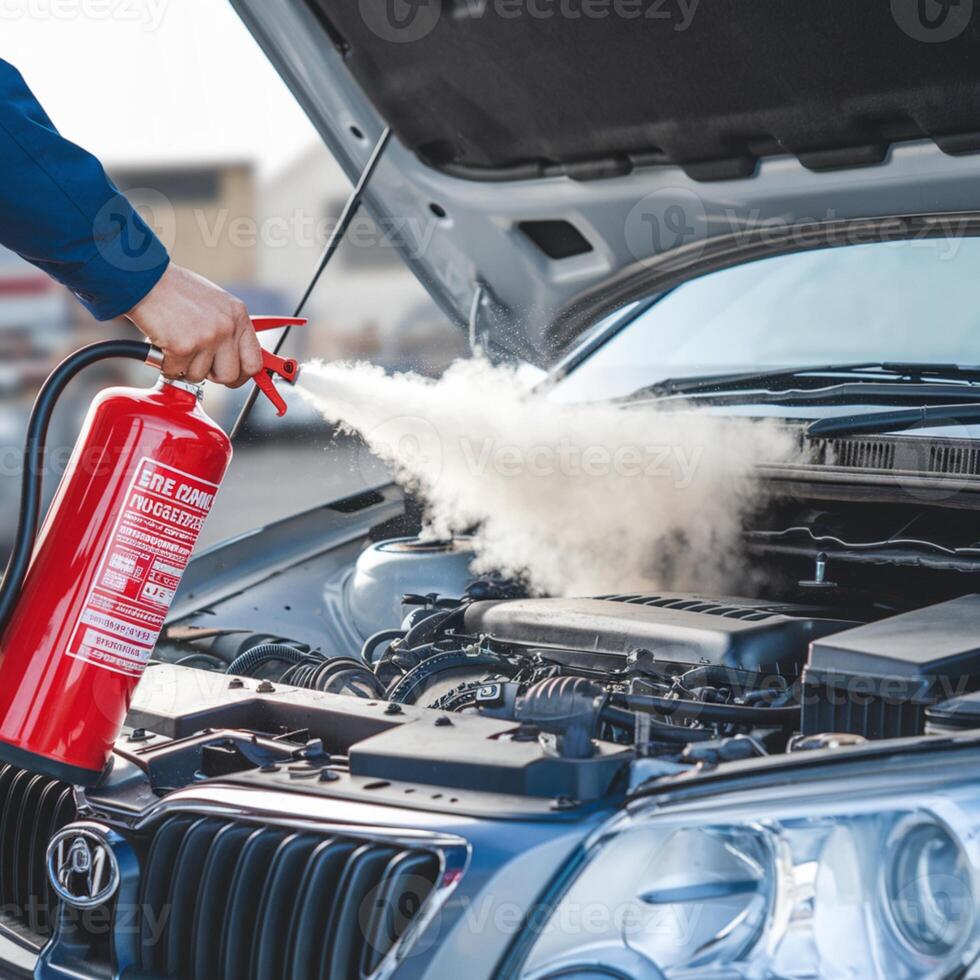 Hand directs fire extinguisher, releasing mist toward smoky car engine, emergency scene For Social Media Post Size photo
