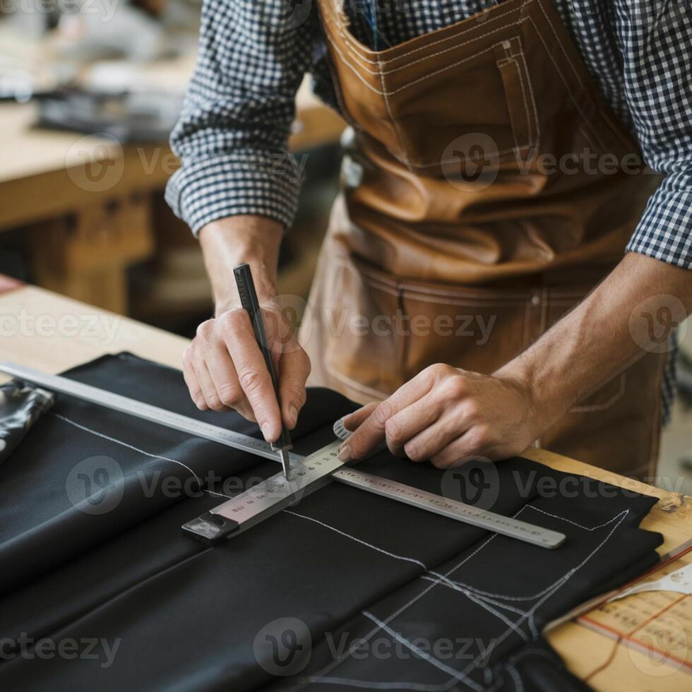 Tailor marks straight line on black fabric, using ruler, in workshop setting For Social Media Post Size photo