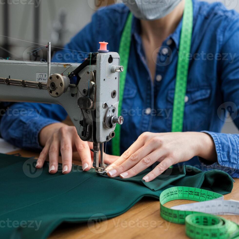 Person guides fabric under sewing machine needle, wearing blue shirt and measuring tape For Social Media Post Size photo