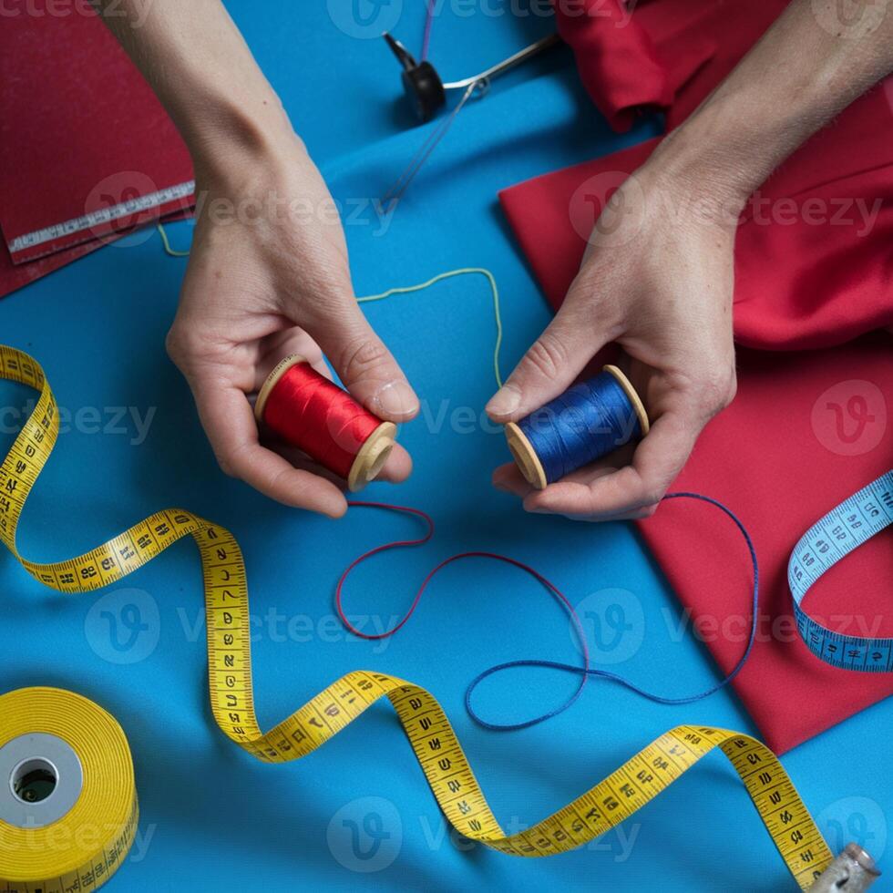 Hands hold thread spools, measuring tape on colorful blue fabric For Social Media Post Size photo