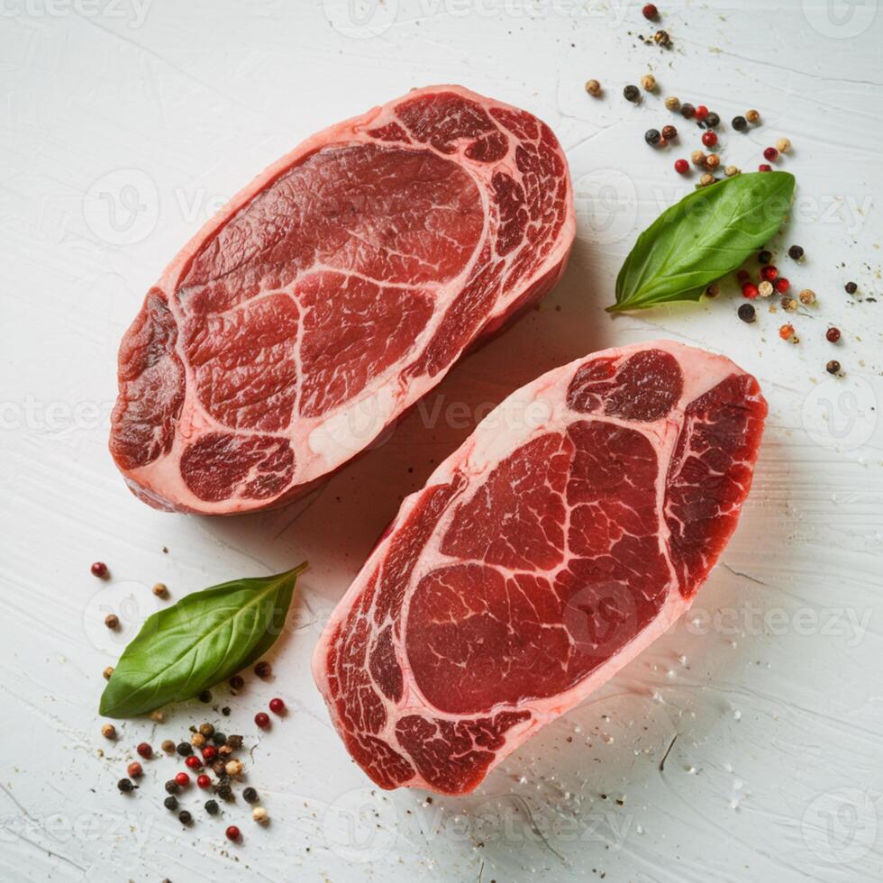 Two raw steaks with basil and peppercorns, presented on a white background For Social Media Post Size photo
