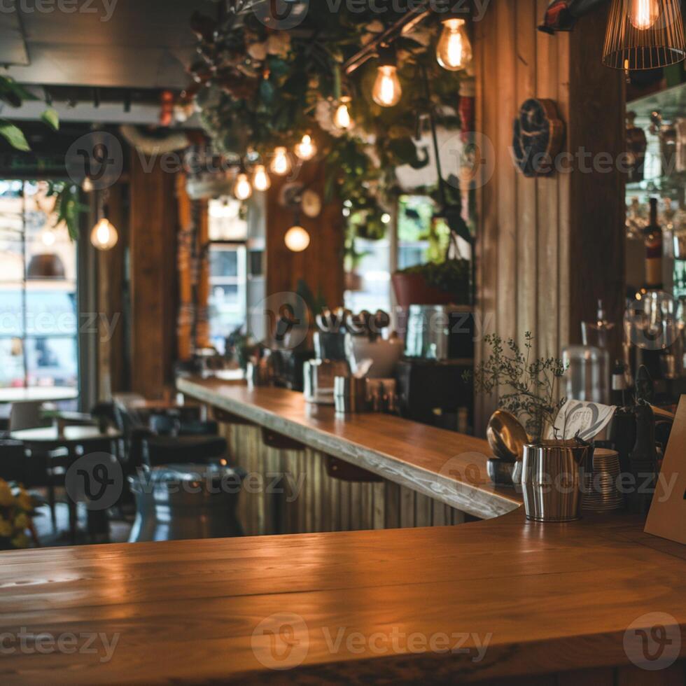 Wooden countertop in cozy cafe, warm lights creating a welcoming atmosphere For Social Media Post Size photo