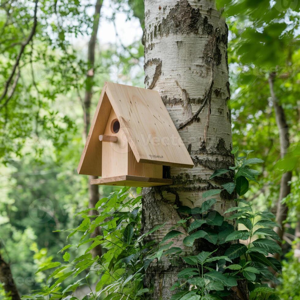 Wooden birdhouse on tree trunk, surrounded by lush greenery, suggesting nature For Social Media Post Size photo