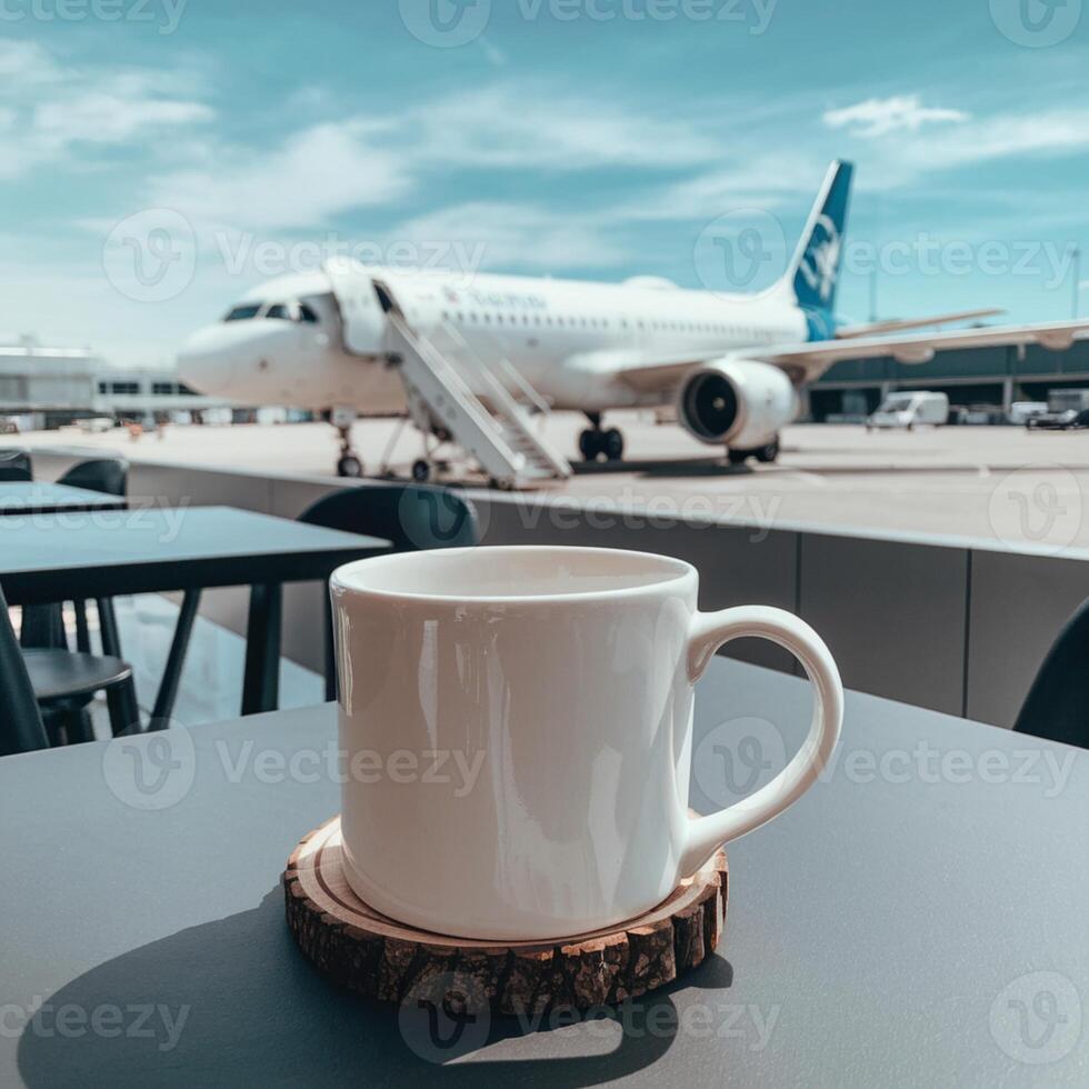 White mug on wooden table with airplane in sunny background, suggesting airport cafe For Social Media Post Size photo