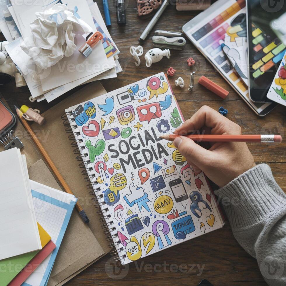 Cluttered table with doodles like Social Media, a hand actively drawing For Social Media Post Size photo