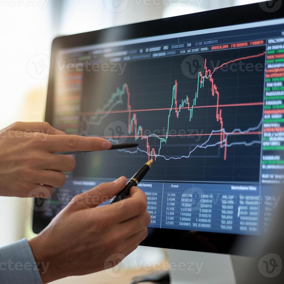 Computer screen displays stock market data with a focus on analysis. For Social Media Post Size photo