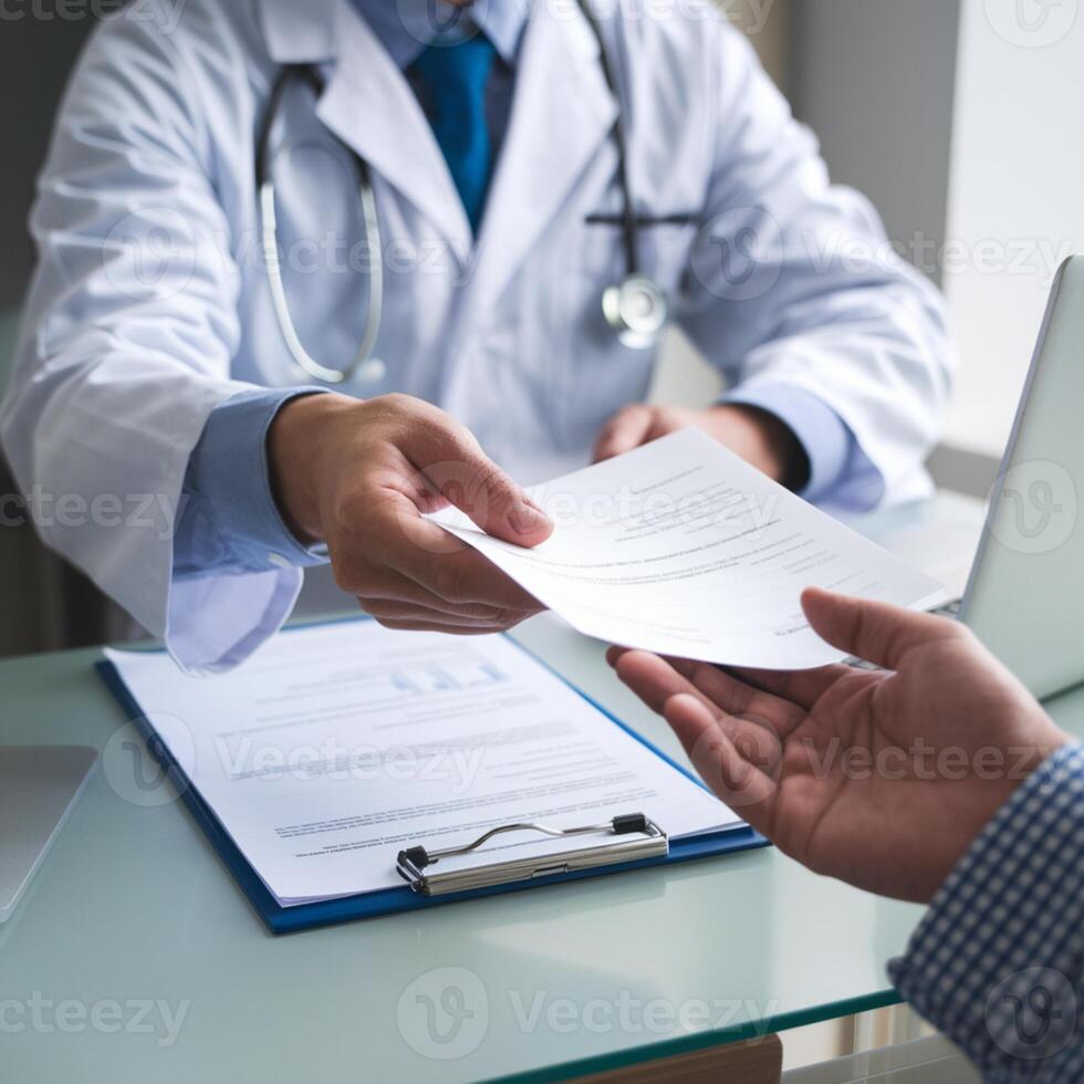 Doctor exchanges paper in clinical office, suggesting consultation or documentation For Social Media Post Size photo