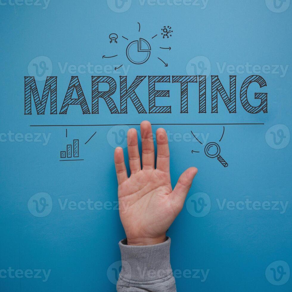 Hand gestures towards the word MARKETING against a blue background. For Social Media Post Size photo