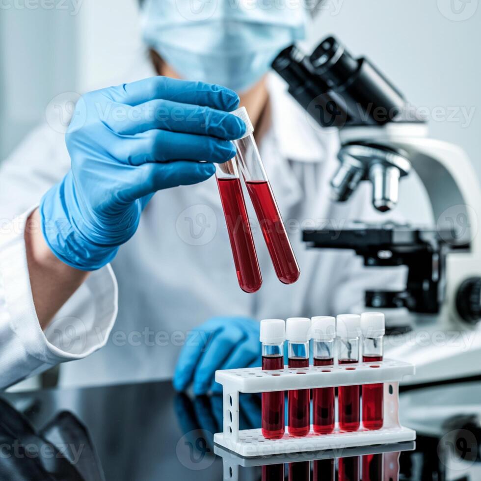 Gloved Scientist Holds Red Liquid Test Tubes in Research Focused Laboratory For Social Media Post Size photo