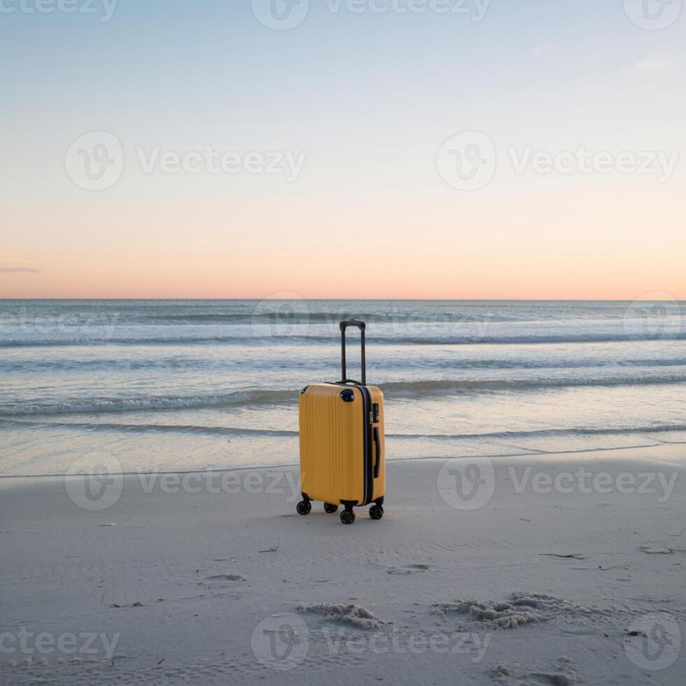 Yellow Suitcase on Sandy Beach, Peaceful Ocean Background For Social Media Post Size photo