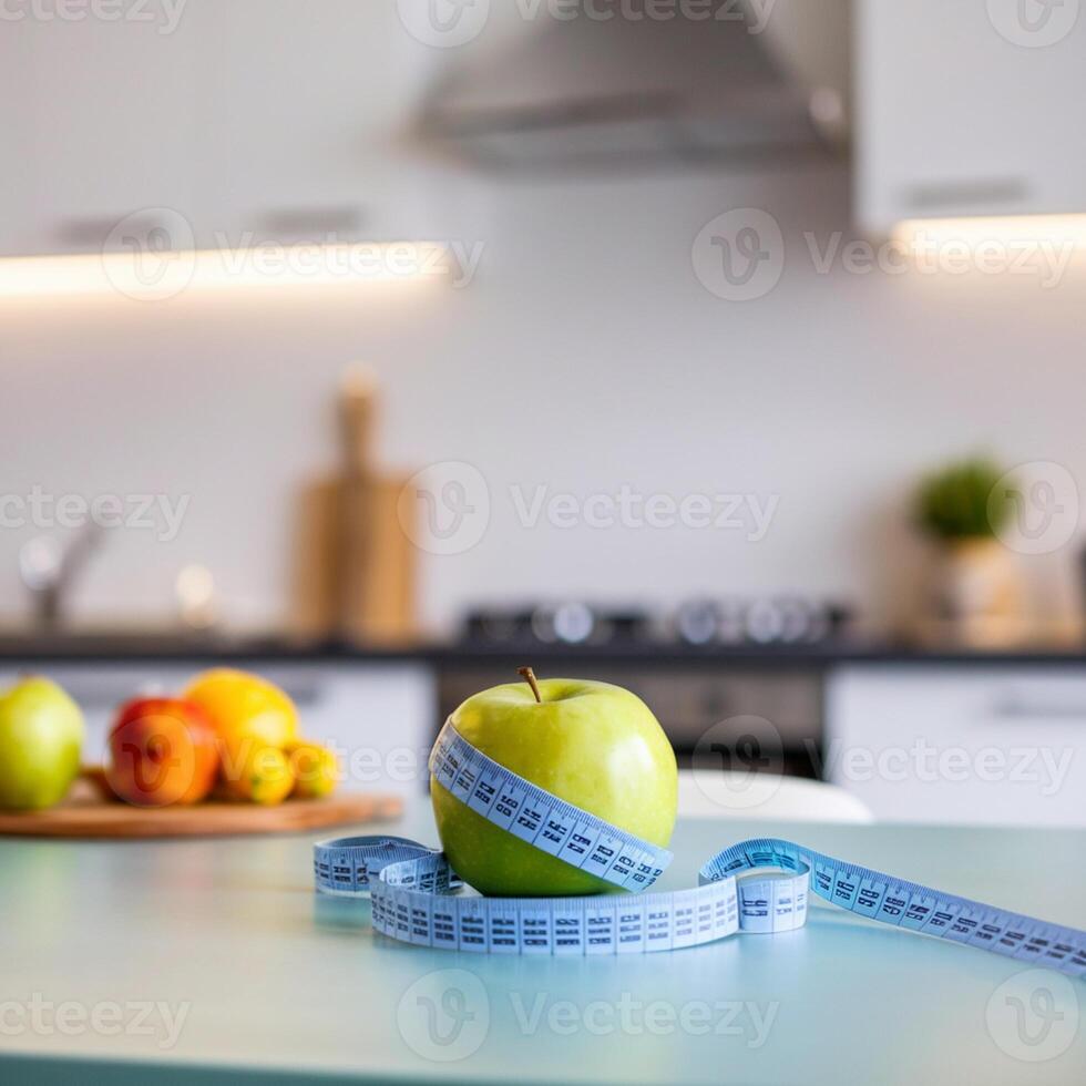 Apple wrapped in measuring tape on table, blurred modern kitchen backdrop For Social Media Post Size photo