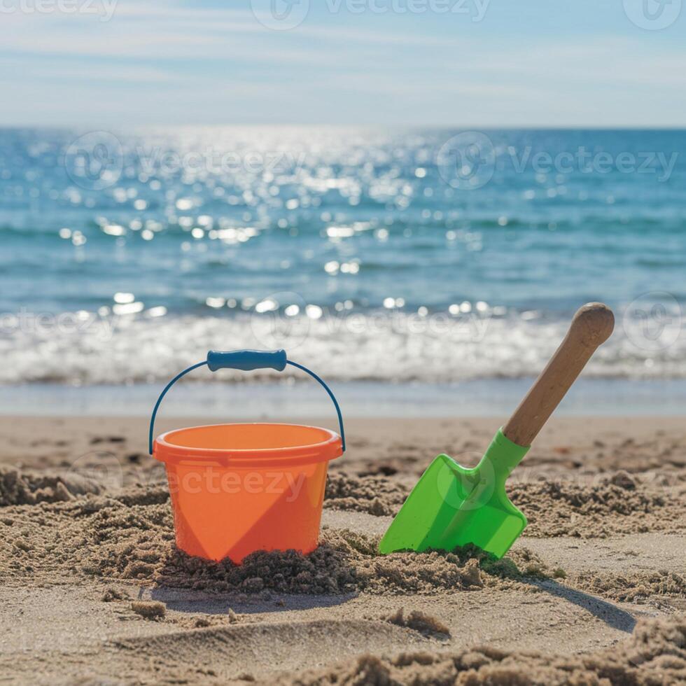 Orange bucket and green spade on sandy beach, shimmering sea in distance For Social Media Post Size photo