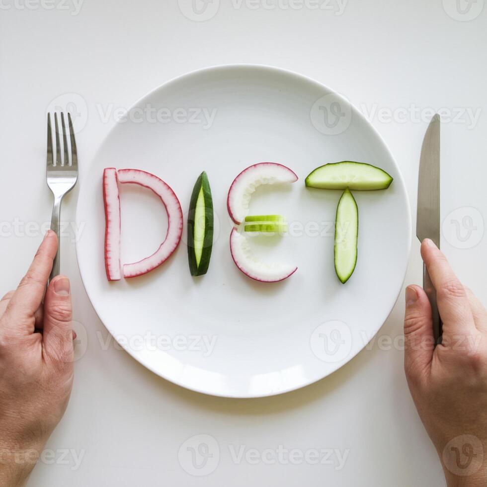 Vegetable slices spell DIET on plate, forks and knives ready For Social Media Post Size photo