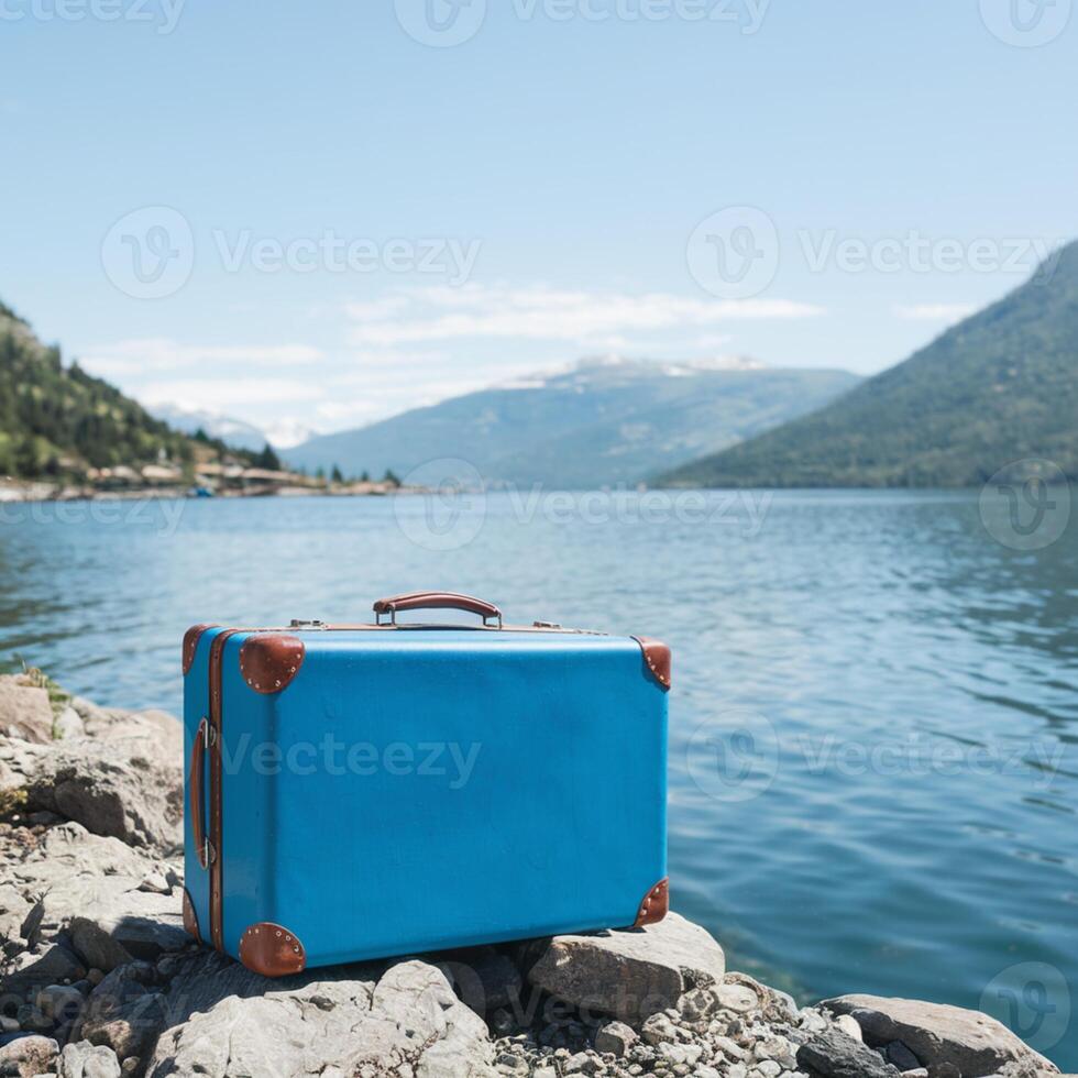 Blue suitcase overlooks calm water, distant mountains, and settlement create tranquil scene For Social Media Post Size photo
